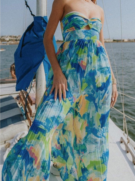 Flying Tomato Pants - Flying Tomato Strapless Blue Multi-Color Maxi Jumpsuit